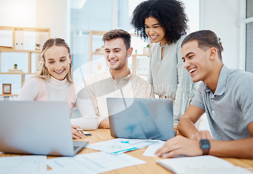 Image of Happy team collaboration and teamwork by business people watching a laptop and waiting for results or feedback. Diverse group online project with web developers trying new cad technology in an office