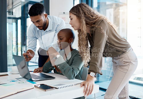 Image of Team collaboration, online marketing and laptop planning for ideas, inspiration and strategy in startup company. Business people in diversity group working, meeting and discussion with internet tech