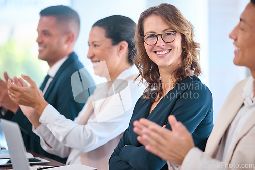 Image of Motivation, vision and collaboration by clapping business people celebrating success, support goal in conference. Portrait happy employee excited about mission or inspiring speech with diverse group