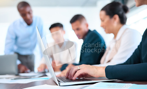 Image of Hands, laptop search or business meeting for teamwork, marketing planning or target audience research for startup company. Closeup of office woman typing kpi data analytics for collaboration strategy