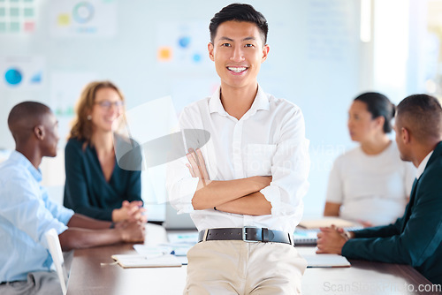 Image of Motivation, vision and proud business leader excited about group collaboration on a goal in an office. Innovation with diverse team sharing idea, planning and thinking during a creative meeting