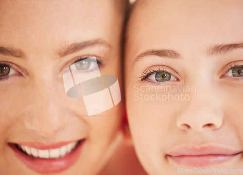 Image of Family, mother and girl child feeling happy and showing sweet smile while standing together. Adoption, relationship and love of a caring mom with her child. Close up of eyes and faces of good dna