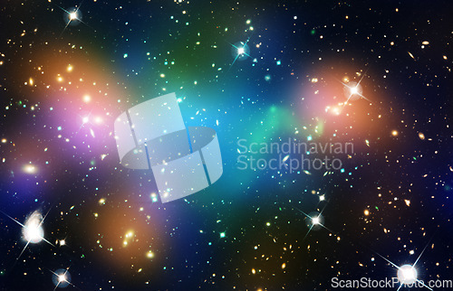 Image of Background of galaxy stars, universe and colorful night sky in dark cosmos, outer space and nasa fantasy world. Abstract astrology wallpaper, science planets and aerospace solar system to infinity