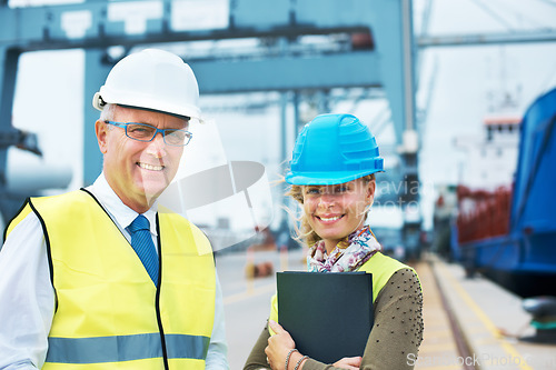 Image of Portrait shipping, logistics and cargo delivery workers smile at a dock in the supply chain industry. Contain export management or employee collaborate to get the package or stock transport on boat