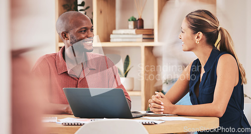Image of Happy business people collaboration on laptop, planning and discuss strategy for online project. Diverse man and woman excited, smiling and sharing a goal or vision for a startup or small business