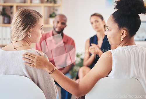 Image of Psychology, mental health and support group with a woman in counseling for help with depression and anxiety with a psychologist she can trust. Communication, community or counselor with a sad patient