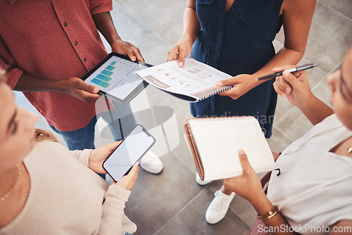 Image of Marketing, sales growth and teamwork meeting to review advertising strategy results and chart graphs data report. Business people in conversation on budget, revenue and planning profit increase