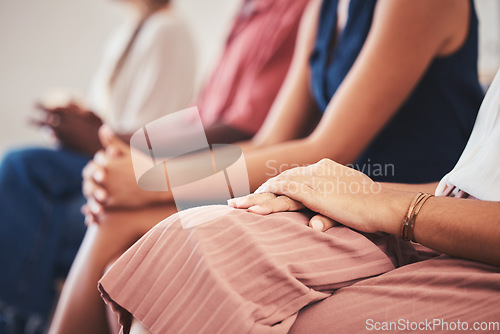 Image of Business people or women sitting in waiting room with for recruitment, we are hiring or Human Resources with hands closeup. Shortlisted group at business interview for job or career opportunity in HR