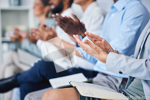 Image of Work presentation, conference or trade show with business worker audience hands clapping. Trade show corporate convention event with job crowd celebration for workforce, success and career workshop