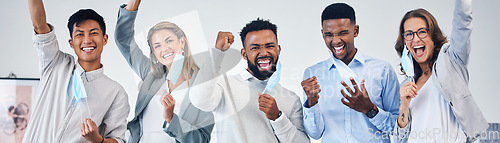 Image of Banner of business people happy about end of covid pandemic, removing face mask in celebration and excited for office work. Portrait of team of workers winning with success and celebrate achievement