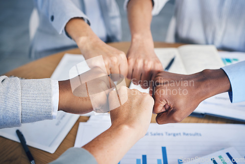 Image of Team, business and hands in fist bump motivation for diversity, collaboration and teamwork for project innovation. Group of corporate workers in agreement for market plan in hand gesture at office.