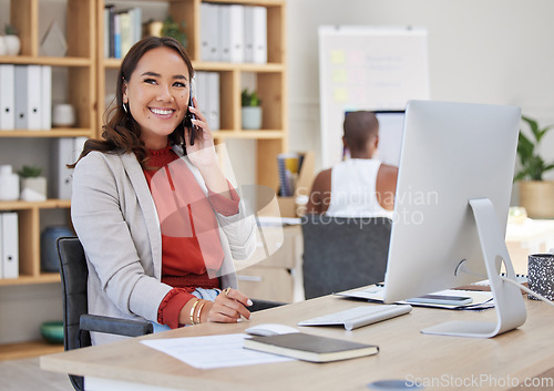 Image of Business woman talking on phone call, happy communication and conversation in startup agency. Smile, vision and creative asian designer, entrepreneur and worker speaking in successful deal discussion