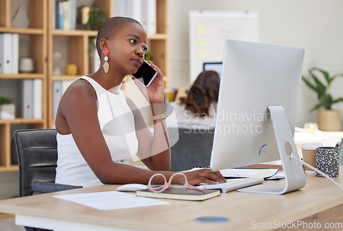 Image of Work phone communication, working and web research of a black business woman multitasking. B2b and internet advertising strategy online planning of a digital marketing worker on a corporate call