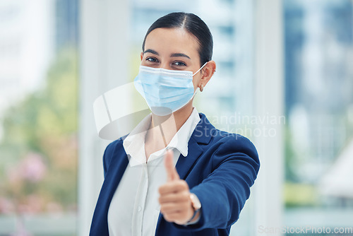 Image of Face mask, covid compliance or thumbs up woman portrait with strategy, vision or wellness goal to stop global virus. Businesswoman, employee or corporate worker with trust vote or support for vaccine