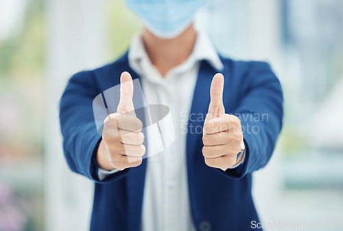 Image of Thumbs up hands of businessman with mask for covid or covid 19 pandemic with success in health and safety. Corporate management man, manager or person in agreement and say thank you for healthcare