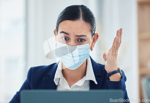 Image of Covid, stress and a business woman at a laptop with face mask. Risk, compliance and corporate frustration, angry and confused by work email on computer. Frustrated by mistake in company tax or audit.
