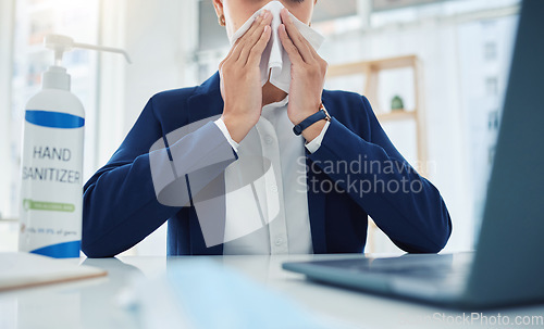 Image of Sick business woman with covid, virus or allergies blowing running nose or sneezing with tissue in office. Entrepreneur or corporate worker with health illness, sneeze and flu employee with cold