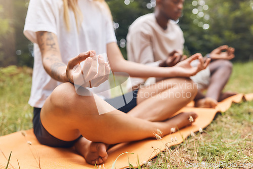 Image of Park yoga meditation, zen and mudra hands gesture in lotus pose for nature exercise and workout. Calm energy, healthy and focus people with legs crossed training for peace, wellness balance and relax