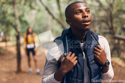 Image of Hiking young black man in forest nature with wow face traveling with backpack in woods. Surprise, happy and active African person or backpacker in trees trekking on jungle freedom adventure in summer