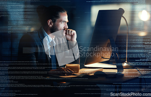 Image of Big data, tech coding of a fintech programmer writing futuristic technology code on computer at night. AI engineer, cloud computing and ux design of software developer checking information database