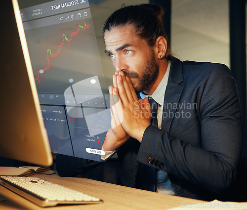 Image of Business man, stock market or money investment while waiting for the price to rise. Economy, fintech and wealth of rich entrepreneur and growth of cash, crypto or stocks or bitcoin, bonds or trading