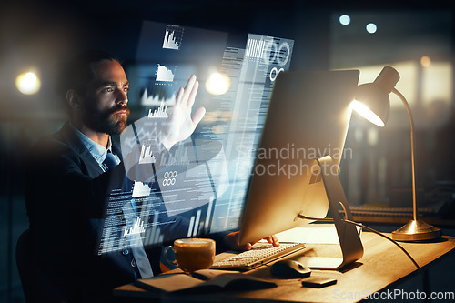 Image of Data, virtual screen and business man using touchscreen technology dashboard to work at desk. Futuristic desktop design in corporate agency for professional data projection of graphs analytics.