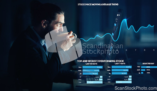 Image of Businessman drink coffee with hologram stock market data analytics to trade in future tech business economy. Futuristic technology company investment trader invest or trading with corporate finance
