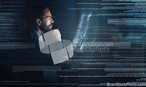 Image of Businessman, cyber security and coding of a programmer with a vision for big data, tech and digital innovation. Male in futuristic technology on computer at night testing UX and software development.