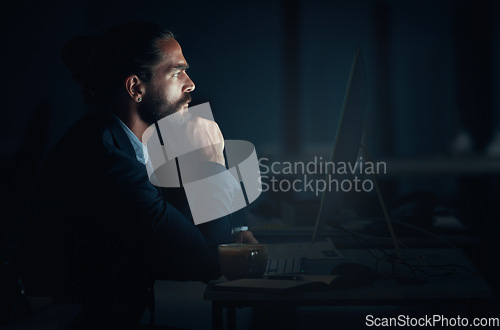 Image of Digital programmer, cyber security and programmer with computer thinking and planning of web design at night. Engineer, developer and man working on ux seo software, database coding and programming