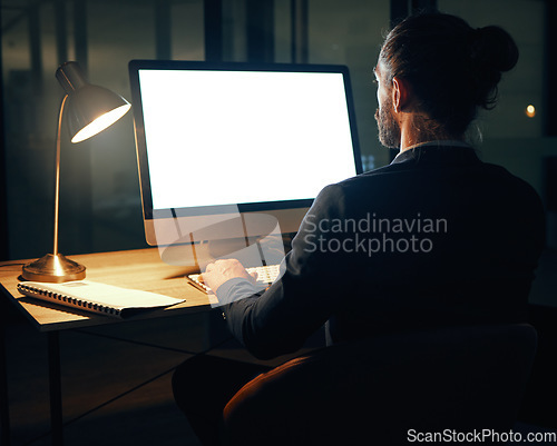 Image of Mockup space screen of a computer with a ux software office worker and developer. Digital transformation and mock up of a IT tech man working on cryptocurrency and cybersecurity erp coding database