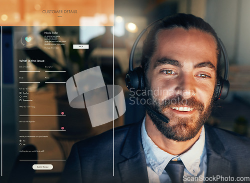Image of Customer support, web help and tech ux data on a 3d, futuristic hologram with a CRM agent. Call center support worker working on internet client online data for contact us customer service consulting