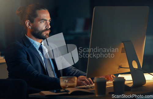 Image of Tech, software and computer web design worker working at night on cyber security, programming or coding erp system. Information technology employee repair company 404 website data glitch on homepage