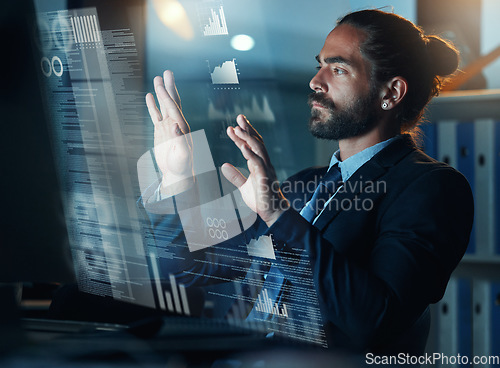 Image of Hologram and tech data of a business man with ai and metaverse information on futuristic technology. Crypto coding of a software developer working on data science, big data and web logistics to code