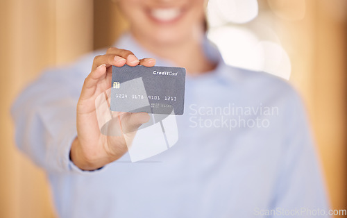 Image of Shopping, bank and credit card business woman doing online shopping, payment and purchase via internet banking. Money, ecommerce and finance purchasing customer holding debit card on digital store