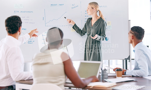 Image of Business people in finance meeting at work, in discussion about data and charts and company growth for future in a boardroom at work. Corporate worker and employee doing financial presentation