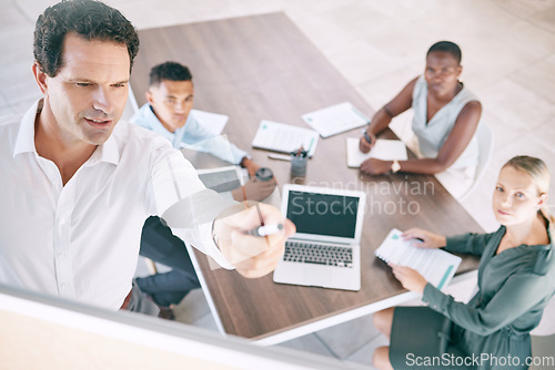 Image of Teamwork, collaboration and business mean leading a presentation in a meeting with creative team in an office. Corporate employee sharing vision and goal, brainstorming strategy with diverse group