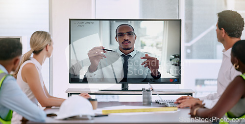 Image of Video call, business meeting and industry workers planning a project with an industrial manager. Team having a virtual discussion about development, strategy and logistics on a computer in the office