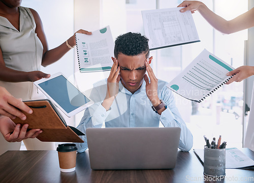 Image of Business man tired from workload, management of time schedule project priority and employee burnout. Anxiety depression headache, company mental health care awareness and coworkers proposal deadline