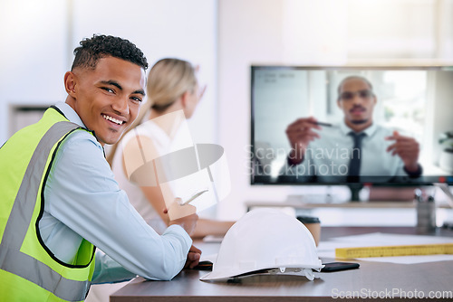 Image of Construction worker, engineer and virtual video conference or webinar in office with a man looking happy in seminar, training and meeting with client online. Portrait of contractor ready for project