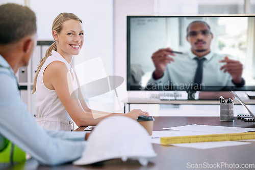 Image of Architects, engineers and employees in virtual video call in boardroom at work, woman with smile in remote seminar and meeting with management online. Portrait of worker in architecture conference