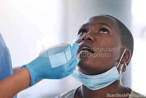 Image of Covid, test and medicine with a doctor or nurse and a patient doing a rapid antigen or pcr test in the hospital. Healthcare, wellness and insurance with a woman in consultation for a nasal swab