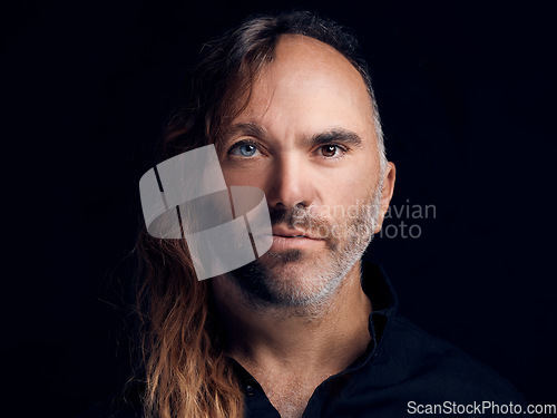 Image of Portrait of diversity of men faces together showing age, face and hair differences. Closeup of a mature father with his young son on one body to show biological, dna and genetic difference of family