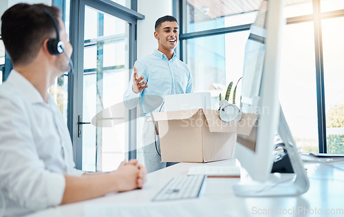 Image of Customer service and web help worker new job ready to work on his first day. Happy crm internet and telemarketing call center trainee unpacking boxes to start with tech contact us consulting career