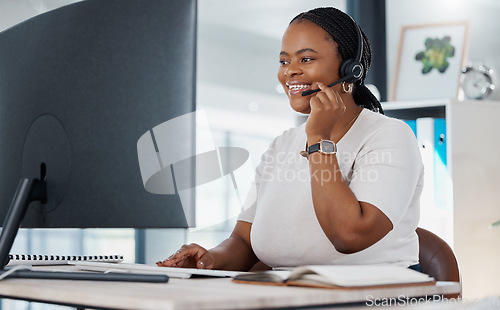 Image of Telemarketing consultant woman, sales or ecommerce advisor consulting with a smile and customer service. Call center agent or IT support worker at desk with a computer for arm and contact us website