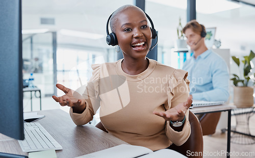 Image of Online crm customer support, service and telemarketing agent on a office internet help call. Happy digital call center consultant on tech consulting advice conversation for contact us consultation