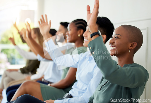 Image of Hands, question and workshop with a team of business people ready to answer in a training or development seminar. Learning, collaboration and growth with an audience at a tradeshow or conference