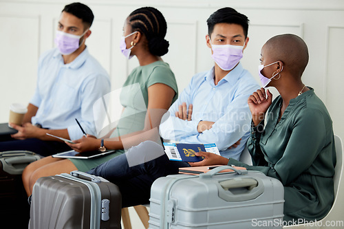 Image of Covid, travel and compliance, men and women at airport with mask waiting for an airplane. Safety, security and diversity, a group of people, ticket and passport in hand and going on a business trip.