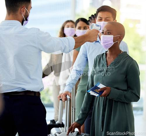 Image of Airplane, global and people get covid test medical risk check for travel healthcare safety in airport. Compliance, man and women with transport tickets in face masks waiting in queue with luggage