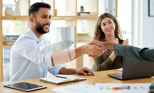 Image of Business people shaking hands with applause for deal, agreement and teamwork success in startup agency. Partnership handshake, meeting collaboration and contract celebration for promotion opportunity