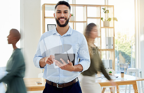 Image of Business man, tablet and motivation in a busy digital marketing office. Smile portrait of happy employee, team leader and businessman with company schedule and planning innovation idea on technology